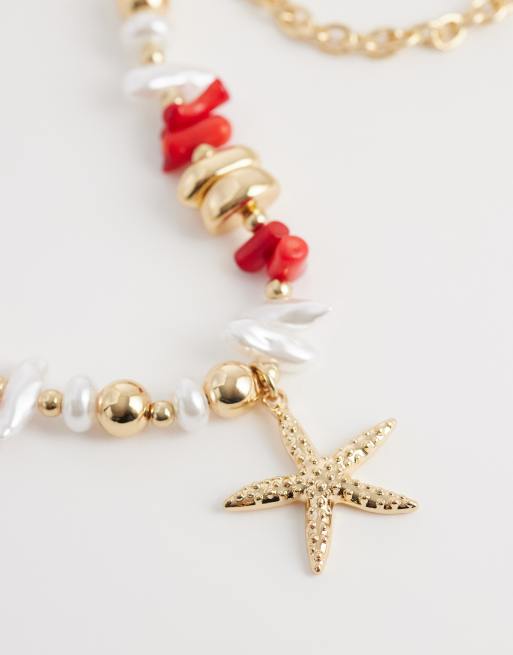 DesignB London - Collier de perles avec pendentif étoile de mer - Rouge corail et doré, 4 de 4