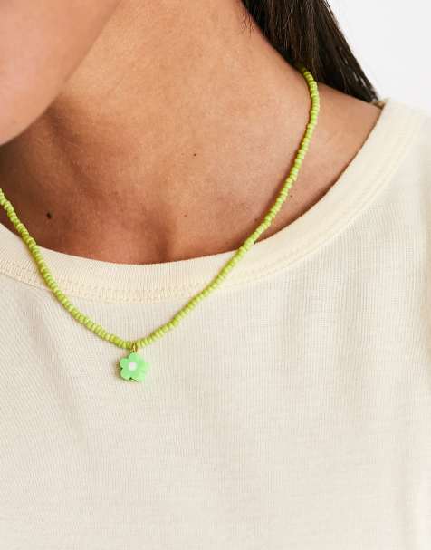 ASOS DESIGN - Collier mi-long en corde avec pendentif fleur en pierre  semi-précieuse - Vert