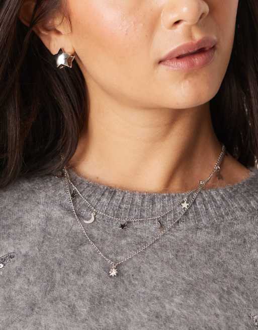 DesignB London - Collier multi-rangs à pendentifs célestes avec lunes et étoiles - Argenté