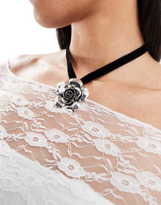 DesignB London - Collier ras de cou en corde avec pendentif fleur - Argenté , 4 de 4