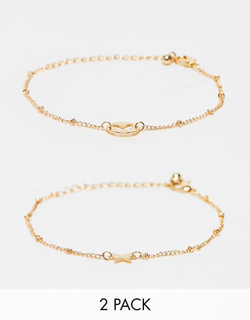 DesignB London - Confezione da 2 bracciali dell'amicizia oro con charm a forma di farfalla
