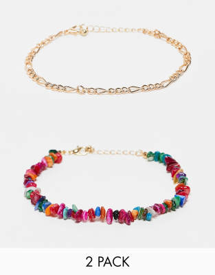 DesignB London - Confezione da 2 cavigliere a catenina e con perline multicolore 