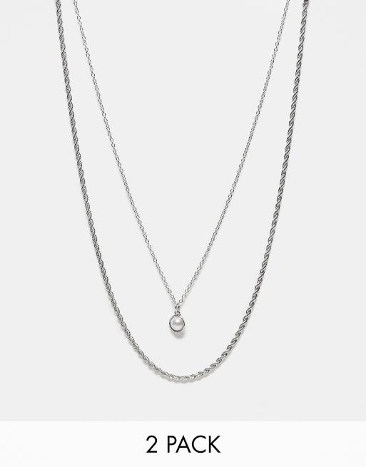 DesignB London - Confezione da 2 collane color argento in catenina stile corda e con perla pendente 