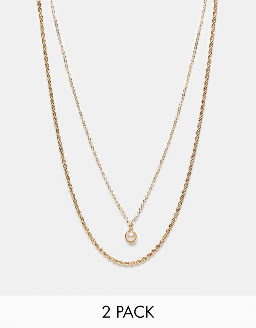 DesignB London - Confezione da 2 collane color oro con catenina stile corda e perla pendente 