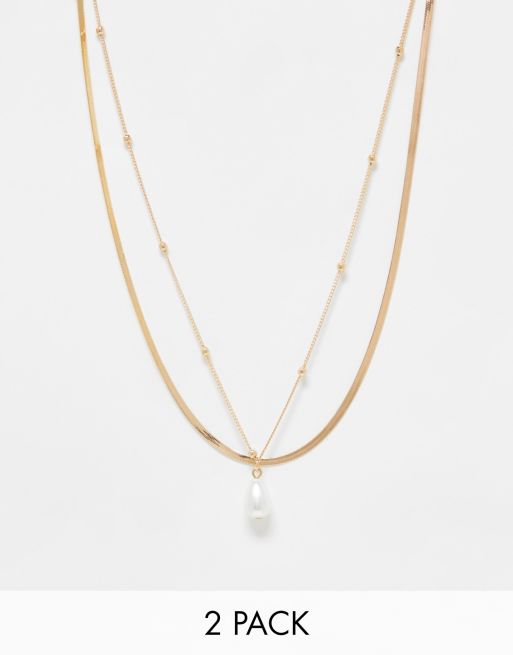 DesignB London - Confezione da 2 collane in catenina color oro con perla 