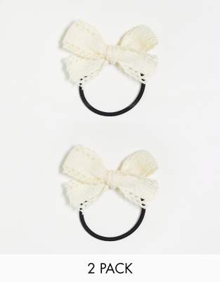 DesignB London - Confezione da 2 elastici per capelli con fiocco bianco in pizzo