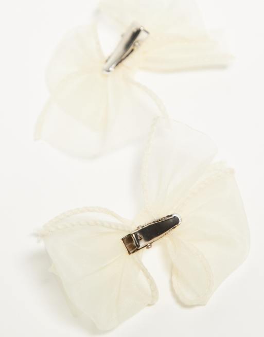 DesignB London - Confezione da 2 mini fiocchi per i capelli in organza crema , 3 di 4