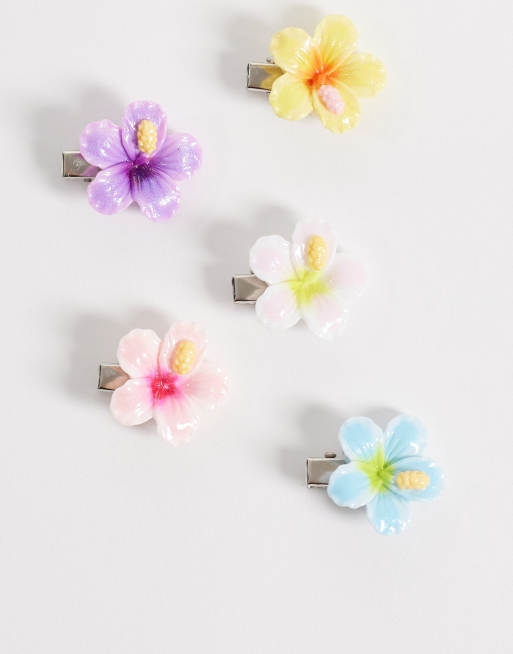DesignB London - Confezione da 5 mini fermagli per capelli a fiori di ibisco multicolore