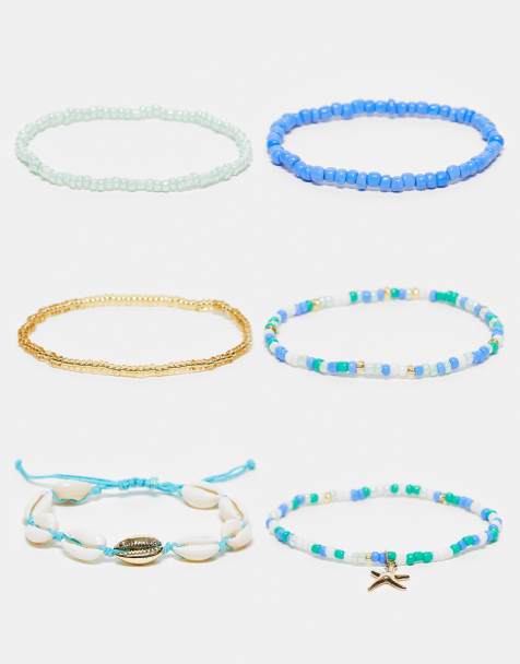 DesignB London - Confezione da 6 bracciali blu e oro con perline, conchiglie e stelle marine - view 1