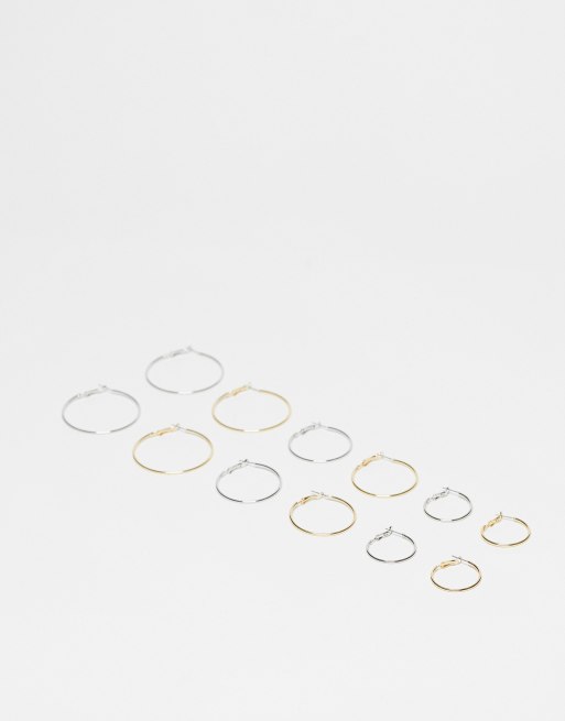 DesignB London - Confezione da 6 paia di orecchini a cerchio misti color oro e argento 