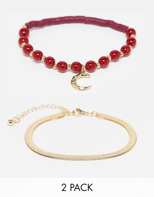 DesignB London - Confezione di 2 bracciali dorati a catenina piatta e con perline 