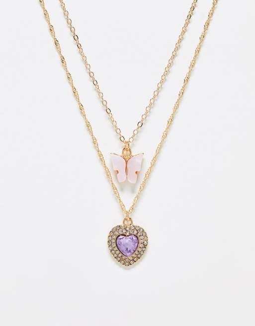 DesignB London - Confezione di due collane dorate con ciondolo a cuore e a farfalla
