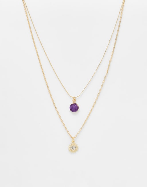 DesignB London - Confezione multipack di collane color oro con pietra semipreziosa viola