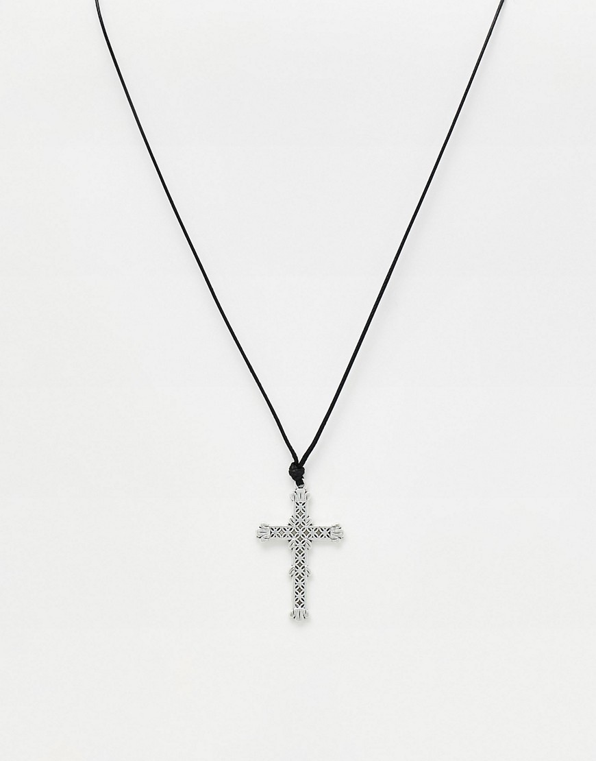 DesignB London cord necklace with cross charm in black and silver