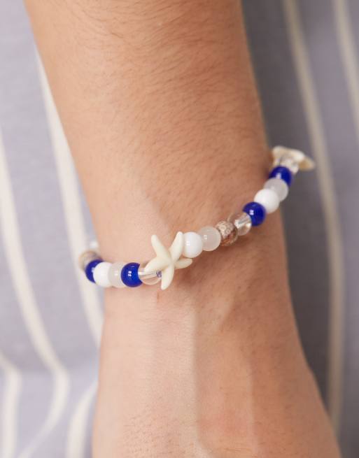 DesignB London - Cremehvidt og blåt armbånd med perler og søstjernevedhæng