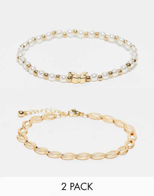 DesignB London Curve – 2er-Pack goldfarbene Ketten- und Perlenarmbänder