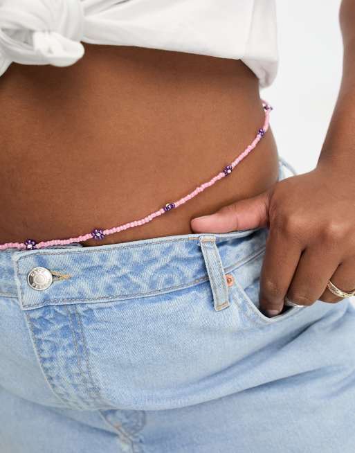 DesignB London Curve - Buikketting met kralen en bloemetjes in roze  