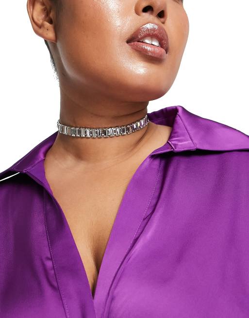 DesignB London Curve – Choker-Halskette in Silberoptik mit Glassteinen im Baguette-Schliff 