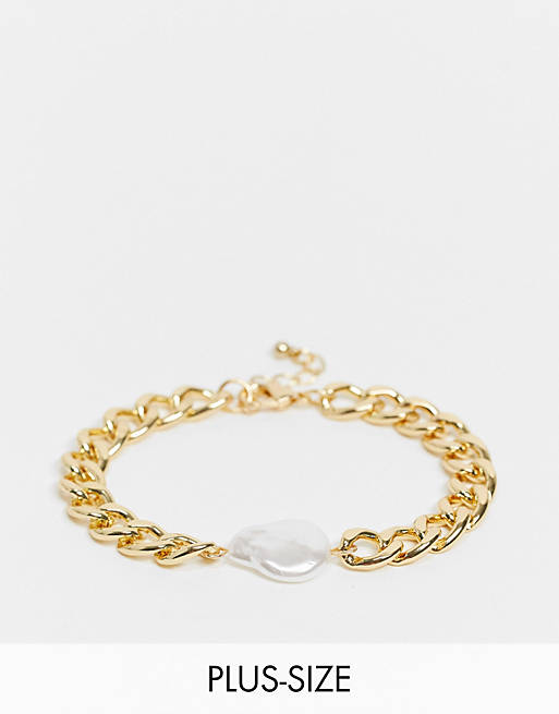 DesignB London Curve chunky chain bracelet with pearl pendant in gold