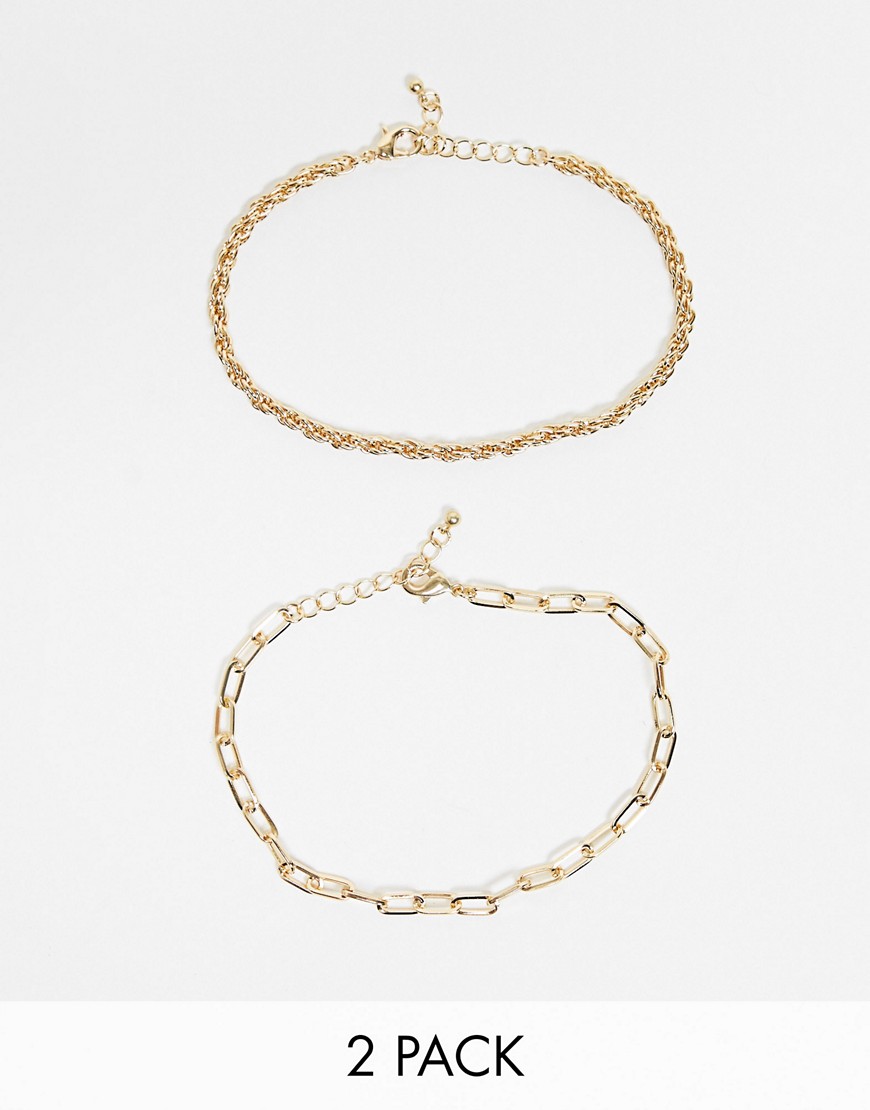DesignB London Curve Exclusive anklet multipack in gold with twisted and chunky chains