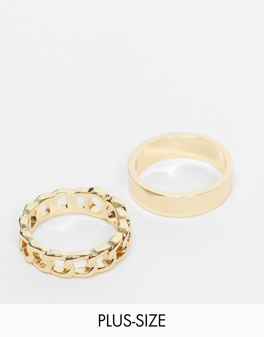 DesignB London Curve Exclusive ring multipack x 2 in gold with double hoop and thick band