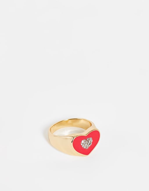 DesignB London Curve – Grov ring i hjärtdesign med klarrosa emalj