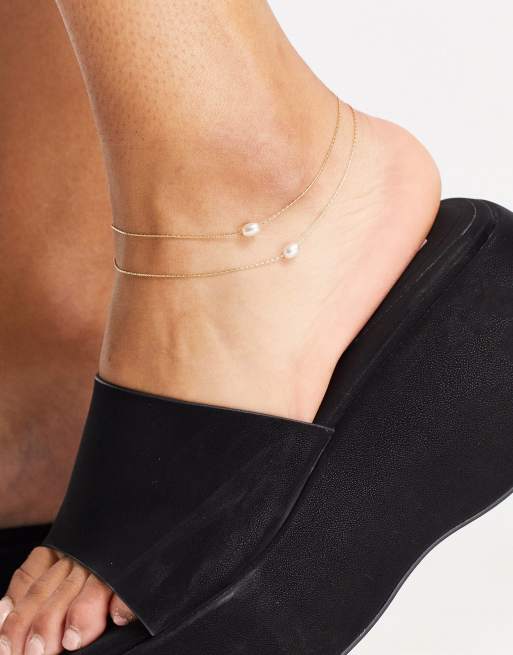 DesignB London Curve London multirow anklet with pearl in gold tone