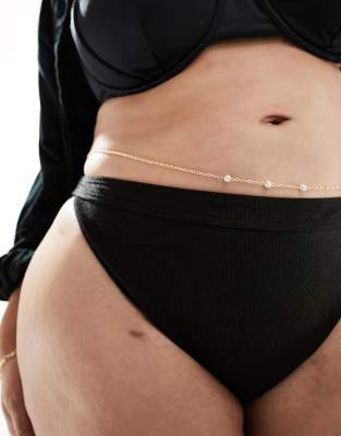 DesignB London Curve pearl charm belly chain in gold