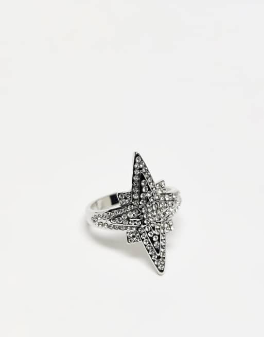 DesignB London Curve star embellished statement ring in silver