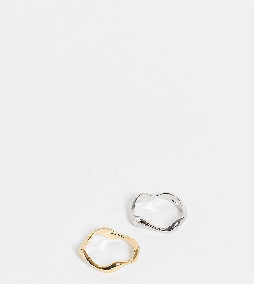 DesignB London Curve x2 pack rings in molten mixed metals-Multi