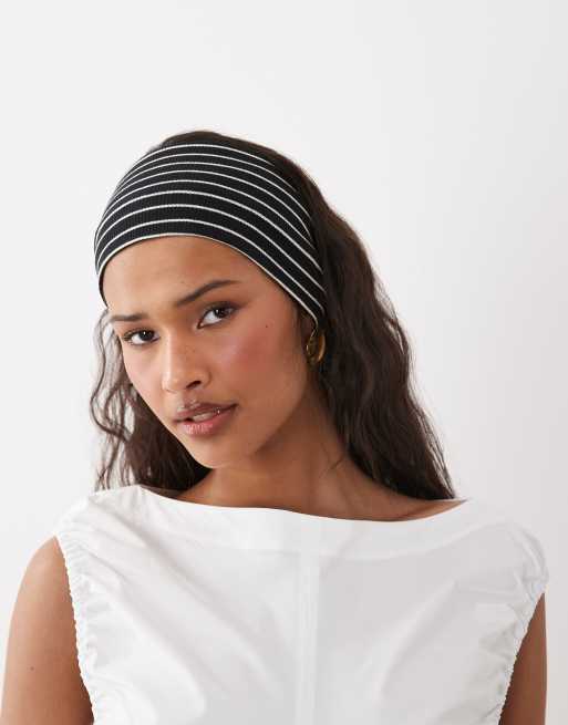 DesignB London - Diadema negra a rayas blancas de punto liso, 2 de 3