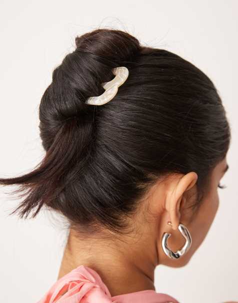 DesignB London double French hair pin in marbled cream - view 1