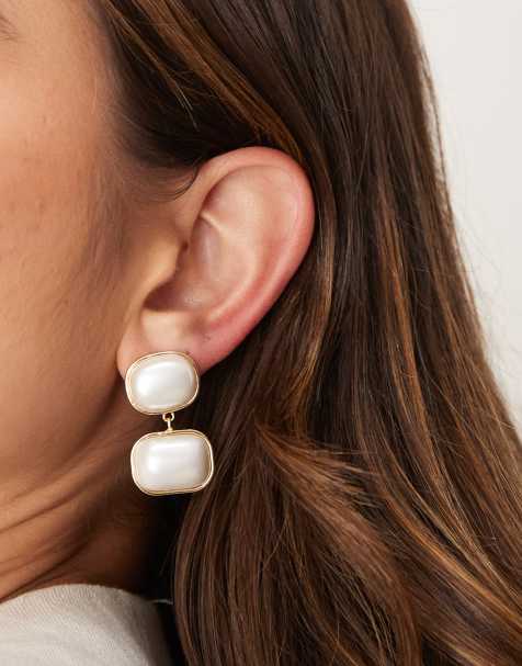 DesignB London double pearl drop earrings in gold - view 1