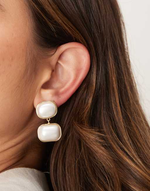 DesignB London double pearl drop earrings in gold