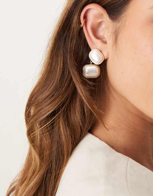 DesignB London double pearl drop earrings in gold