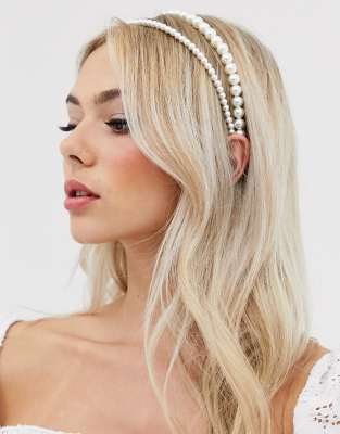 DesignB London double row headband in pearl-White