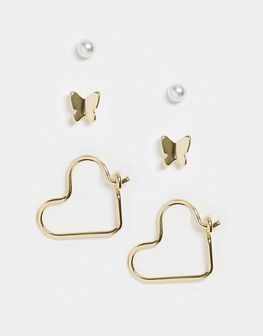 DesignB London earrings multipack x 3 in gold with butterfly pearl and heart hoops
