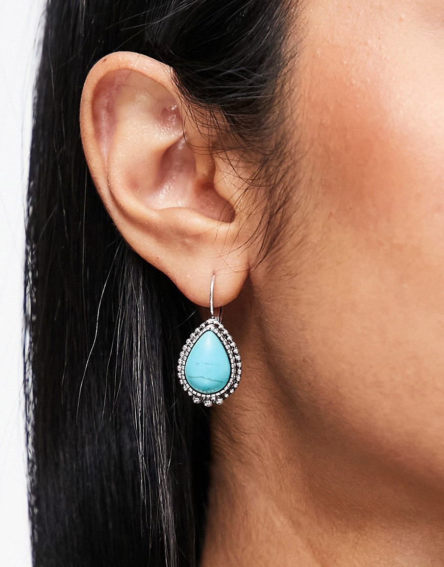 DesignB London earrings with turquoise teardrop stone in silver tone