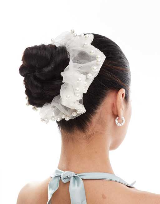 DesignB London - Elastico per capelli in organza bianco con perle  