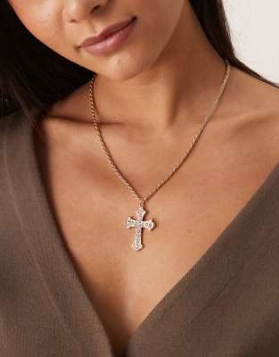 DesignB London embellished cross pendant necklace in gold