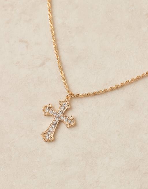 DesignB London embellished cross pendant necklace in gold, 3 of 4
