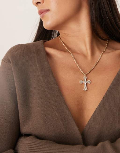 DesignB London embellished cross pendant necklace in gold, 4 of 4