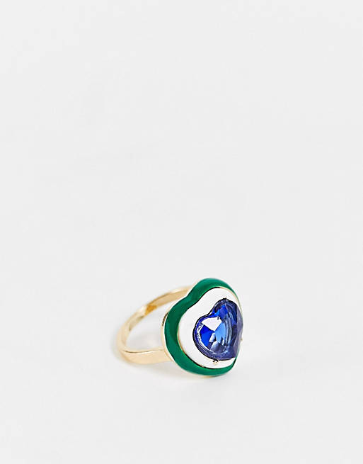 DesignB London enamel heart ring with crystal in green