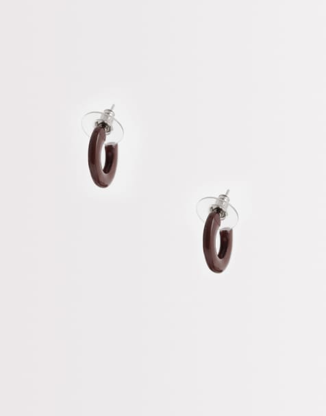 DesignB London enamel hoop earrings in dark brown - view 1