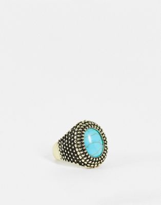 DesignB London engraved ring with turquoise stone in gold tone