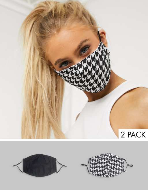 DesignB London Exclusive 2 pack face covering with adjustable straps in black and houndstooth print