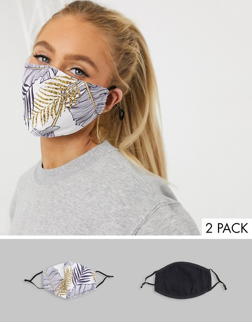 DesignB London Exclusive 2 pack face covering with adjustable straps in black and palm print