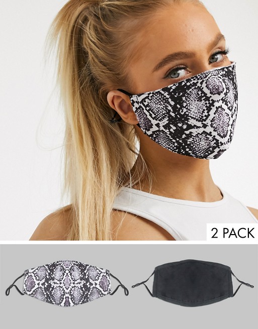 DesignB London Exclusive 2 pack London face covering with adjustable straps in black and snake print