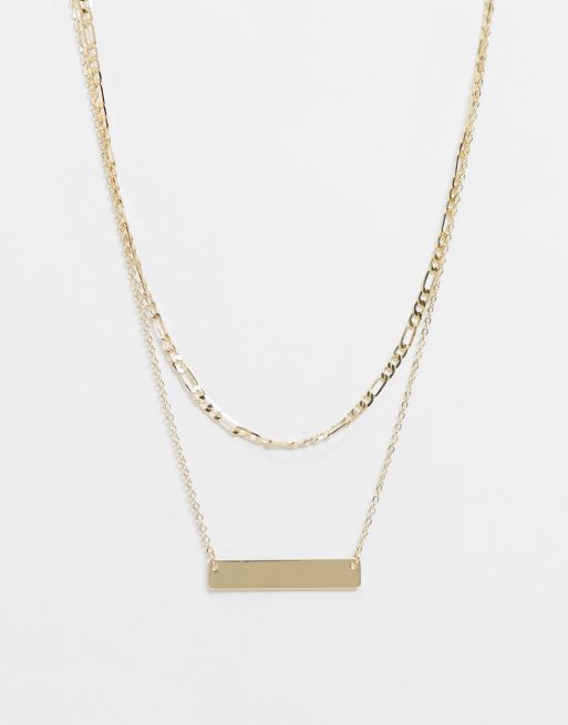 DesignB London – Exclusive – 2er-Pack Halsketten mit Figaro-Kette und Plättchenanhänger in Gold