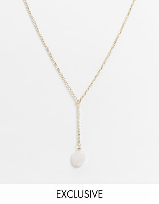 DesignB London Exclusive drop necklace with pink quartz stone in gold